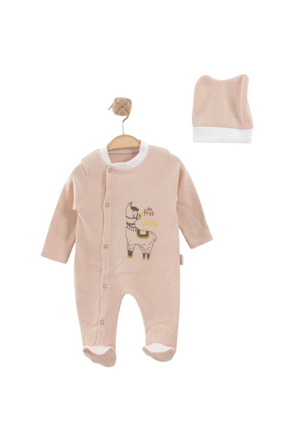 Unisex Bebek Tulum Şapkalı Lama Baskılı Penye %100 Pamuk 0-3 Ay 3-6 Ay