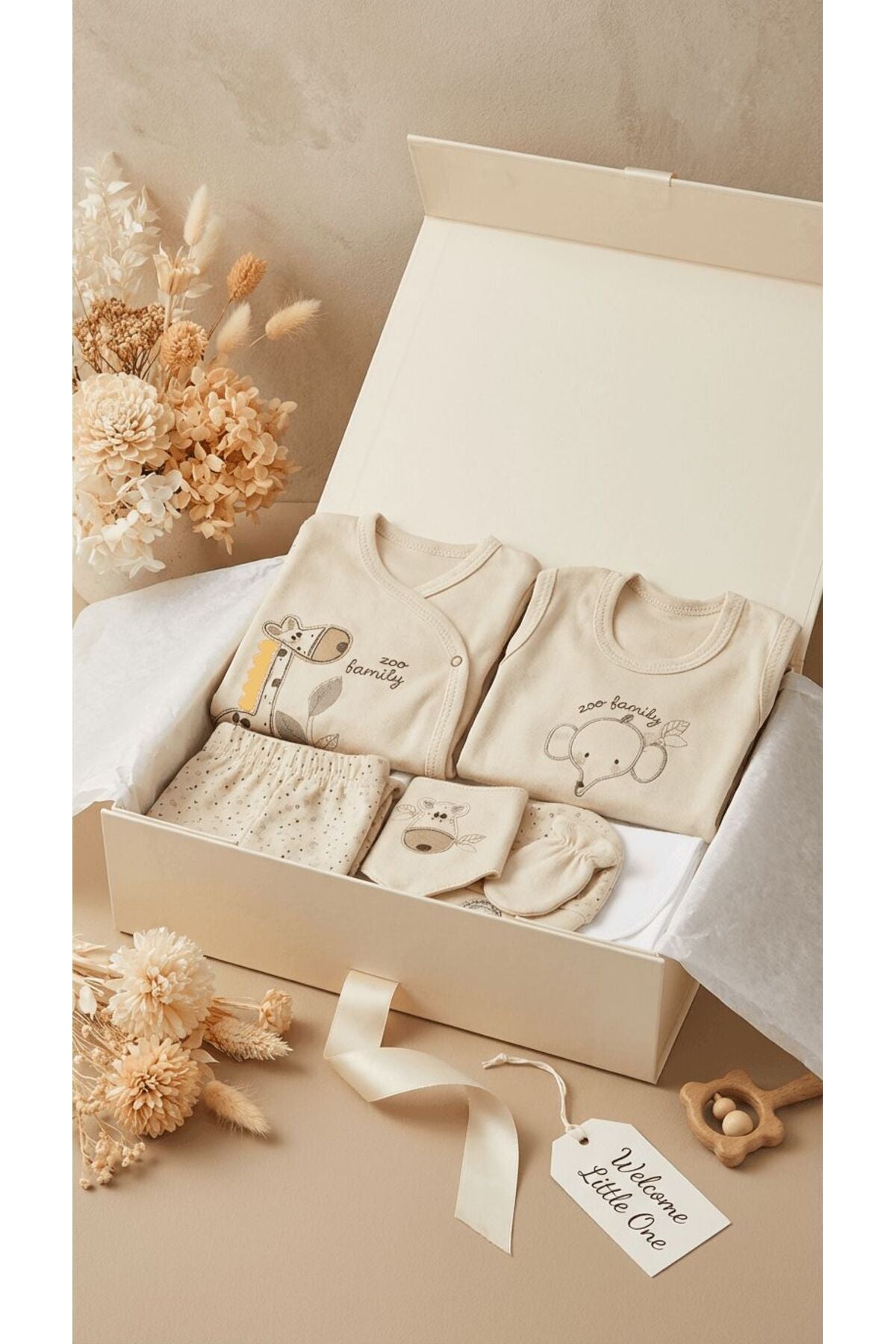 8’li Organik Lüks Zebra Desenli Yenidoğan Hastane Çıkışı Seti Unisex %100 Pamuk Kutulu