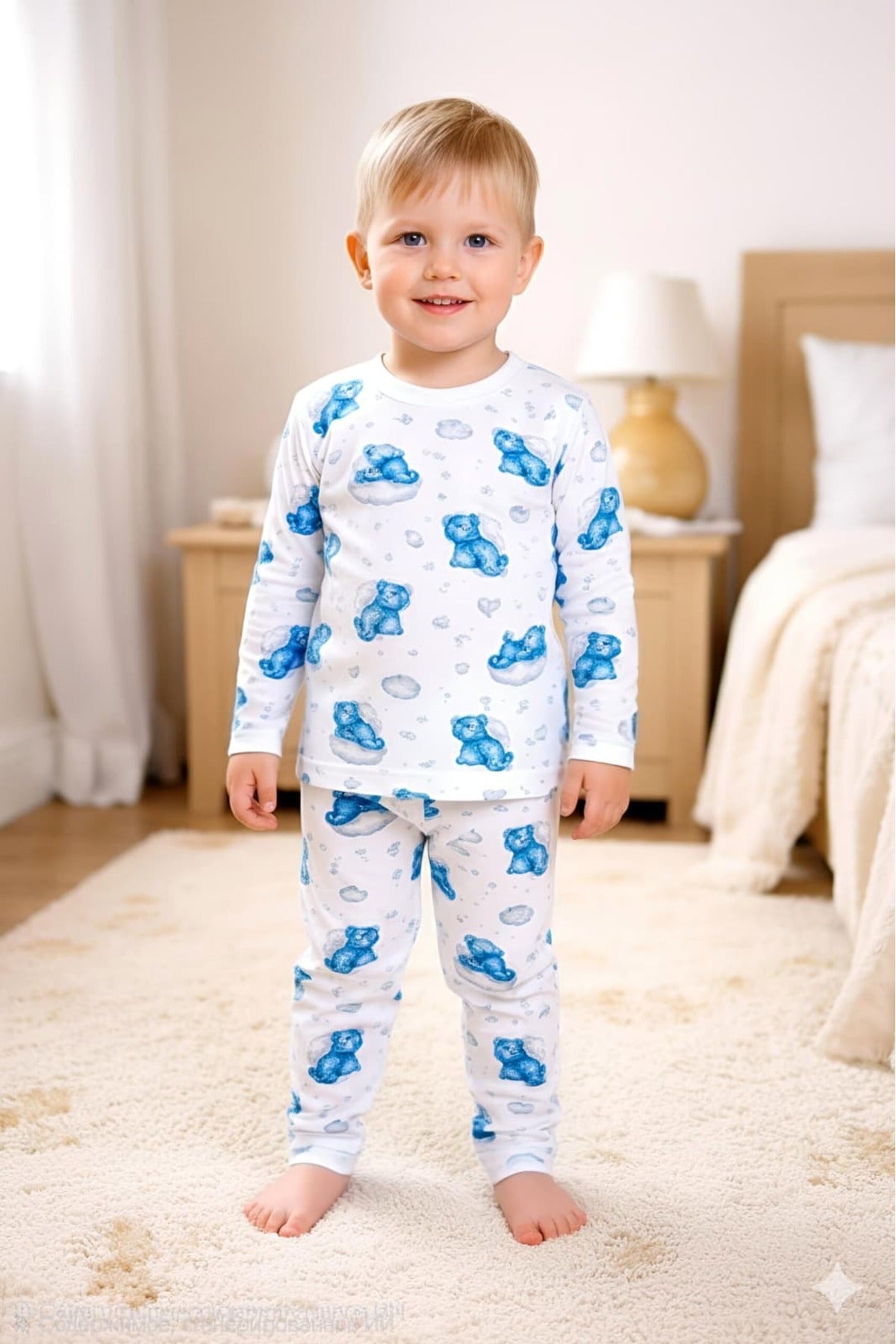 Rap Bulutlu Ayı Pijama Takımı 1-3 Yaş %100 Pamuk Uzun Kollu Üst Alt 2’li