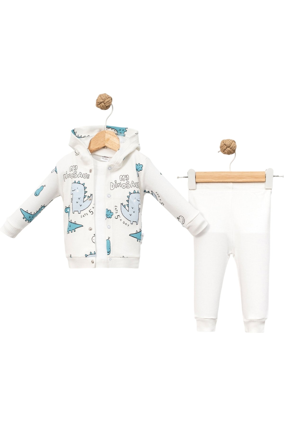 Dinozor Baskılı Kapşonlu Erkek Bebek 3’lü Takım %100 Pamuk | 3 Ay – 6 Ay – 9 Ay