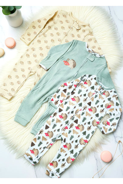 Fermuarlı Kirpi Desenli Erkek Bebek Tulumu %100 Pamuk | 9 Ay – 12 Ay – 18 Ay 3 Adet (3lü Set)