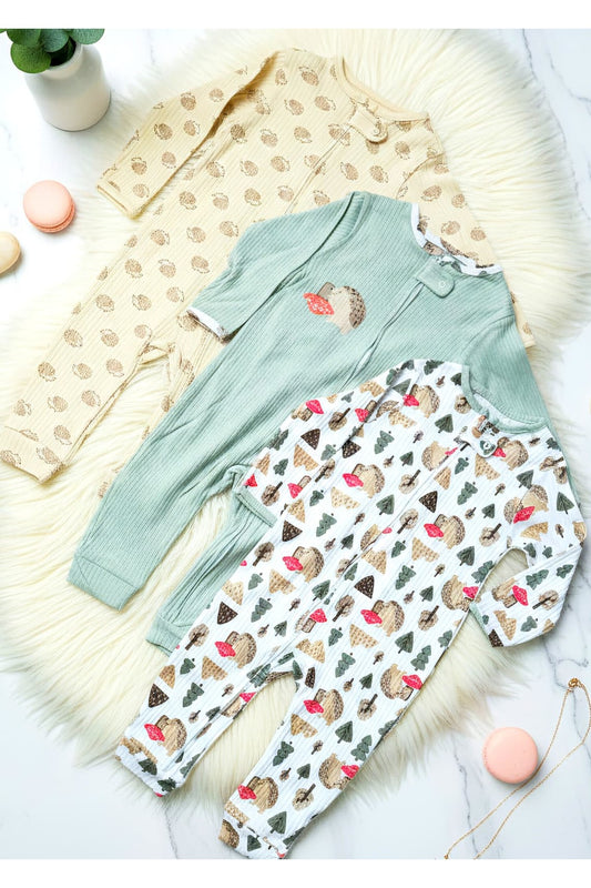 Fermuarlı Kirpi Desenli Erkek Bebek Tulumu %100 Pamuk | 9 Ay – 12 Ay – 18 Ay 3 Adet (3lü Set)