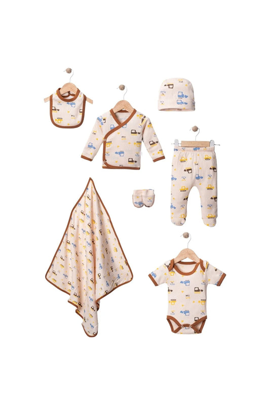 Erkek Bebek Hastane Çıkışı 7 Parça Dozer Baskılı Zıbın Seti – 0-3 Ay Yenidoğan Pamuklu Set