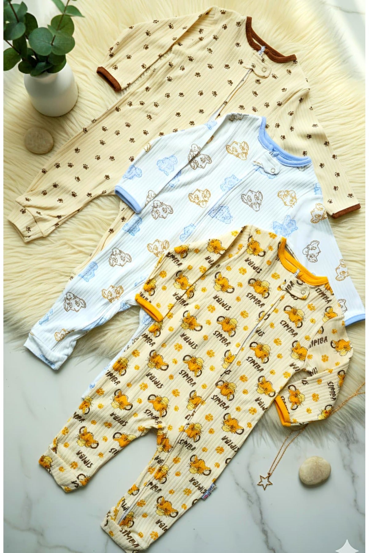 Simba Desenli Fermuarlı Erkek Bebek Tulum (3lü Set 3 Adet) (9 Ay / 12 Ay / 18 Ay)