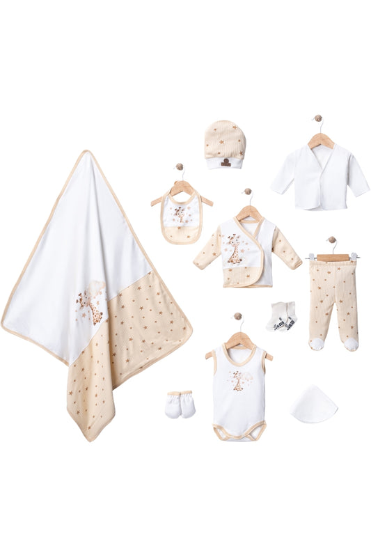 10’lu Organik Yıldızlı Zürafa Baskılı Lüks Yenidoğan Hastane Çıkışı Seti %100 Pamuk Bebek Seti