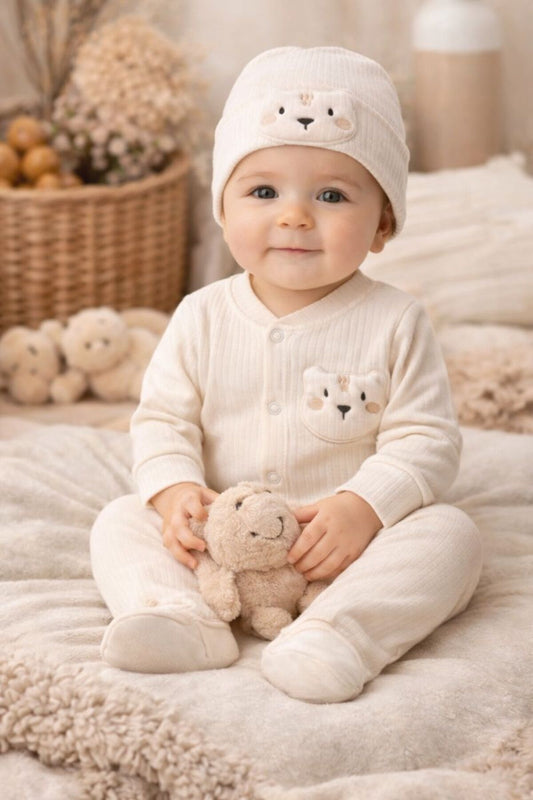 Bebek Şapkalı Tulum Kedi Figürlü Cep Detaylı 3 Ay 6 Ay 9 Ay %100 Pamuk Unisex