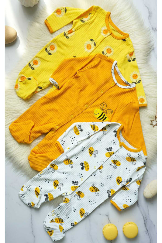 Arı Baskılı Kız Bebek 3’lü Tulum Seti %100 Pamuk | 3 Ay – 6 Ay – 9 Ay