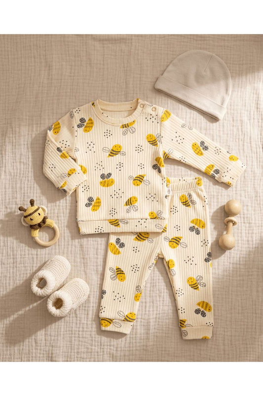 Arılı Raporlu Omuzdan Çıtçıtlı Bebek Takımı %100 Pamuk Uni