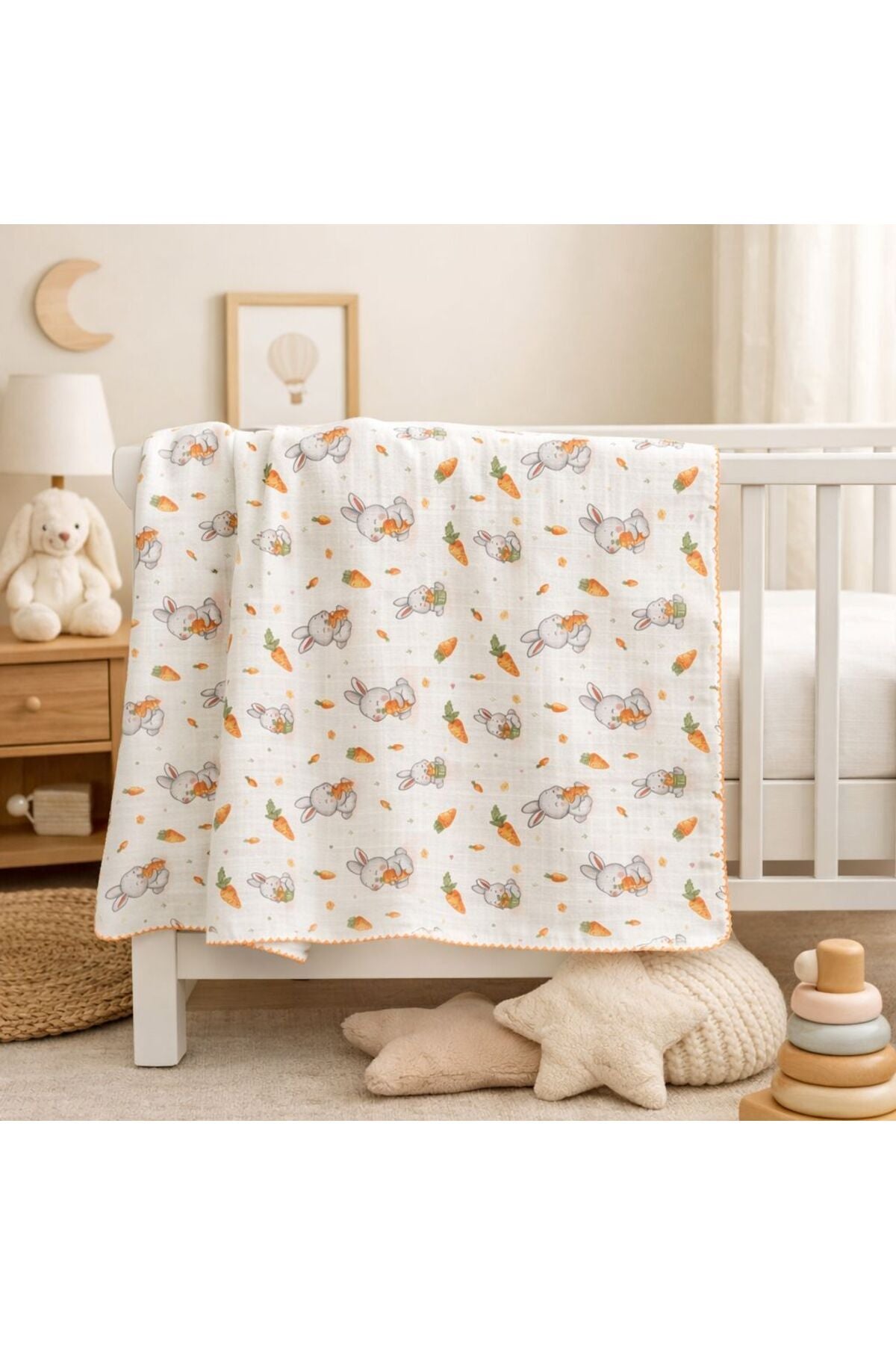Bebek Müslin Battaniye Havuçlu Tavşan Desenli (0-12 Ay) Çok Amaçlı Örtü