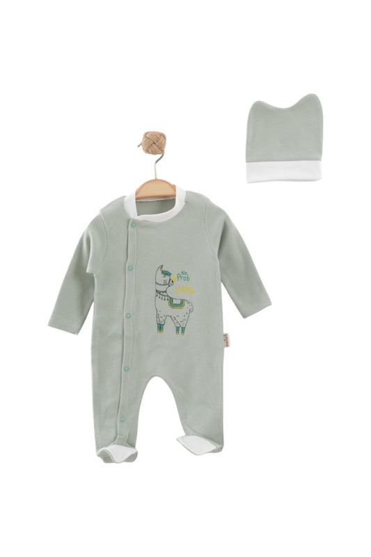 Unisex Bebek Tulum Şapkalı Lama Baskılı Penye %100 Pamuk 0-3 Ay 3-6 Ay