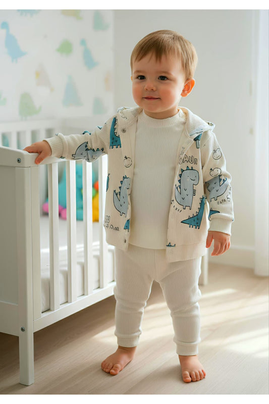 Dinozor Baskılı Kapşonlu Erkek Bebek 3’lü Takım %100 Pamuk | 12 Ay – 18 Ay – 2 Yaş