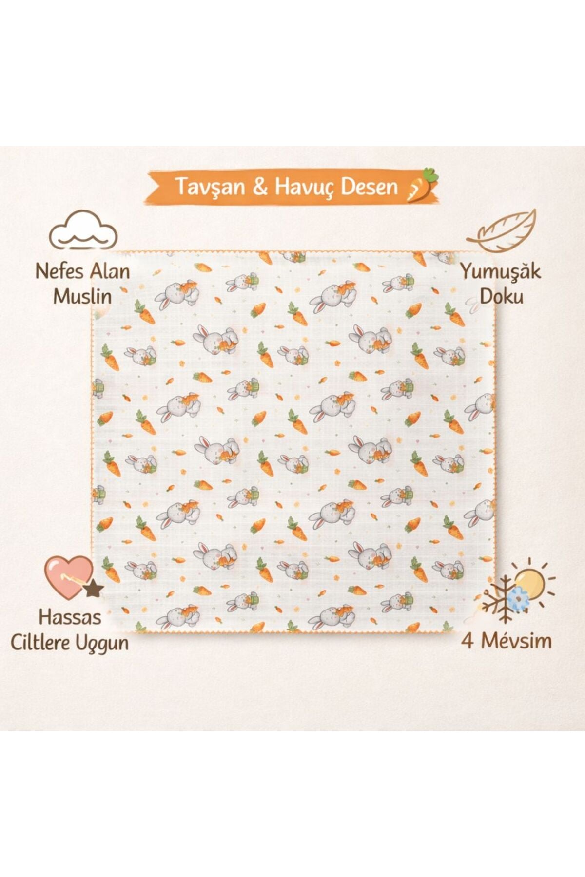 Bebek Müslin Battaniye Havuçlu Tavşan Desenli (0-12 Ay) Çok Amaçlı Örtü