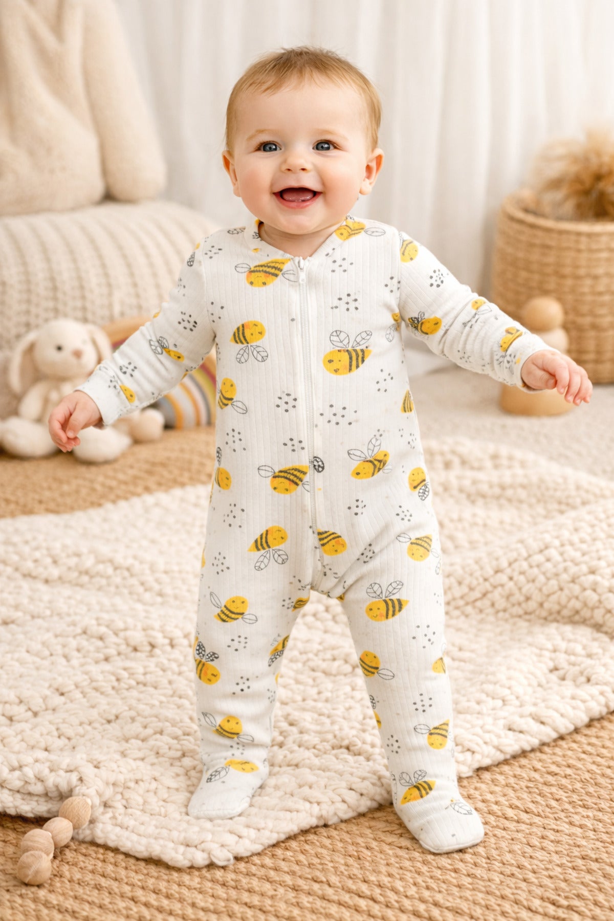 Arı Desenli Fermuarlı Bebek Çocuk Tulumu Beyaz
