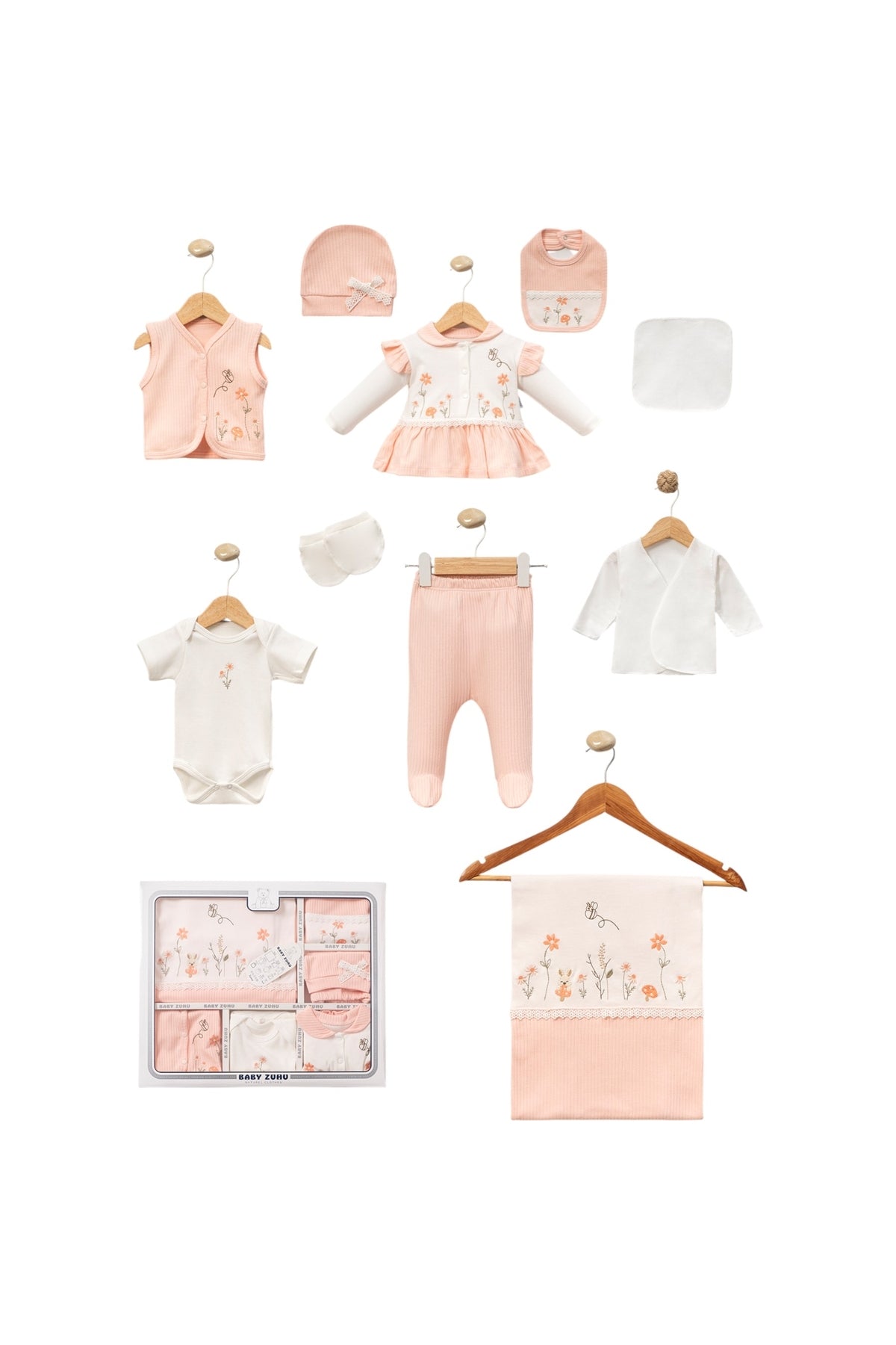 Çiçek Nakışlı %100 Pamuk 10’lu Hastane Çıkışı Seti | Yenidoğan Bebek