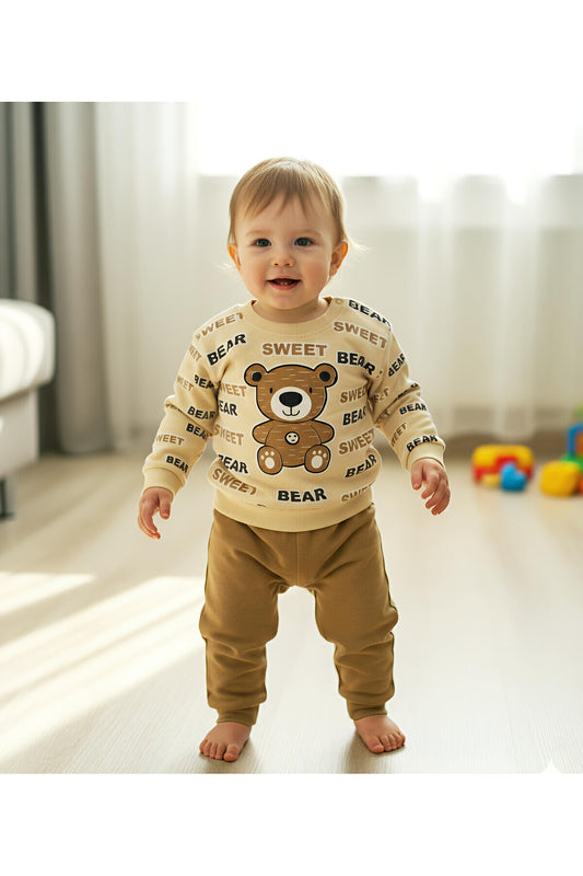 Ayıcık Baskılı İnterlok Penye Bebek Pijama Takım Seti