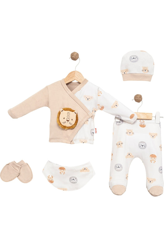 Aslan Aksesuarlı Özel Figürlü 5’li Zıbın Takımı 0-3 Ay %100 Pamuk