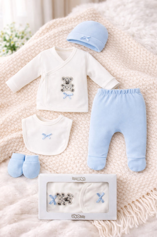 Ayıcık Desenli Kutulu 5’li Set Yenidoğan Hastane Çıkışı Seti