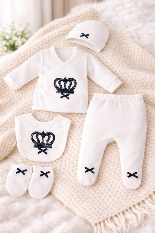 Kutulu 5 Parça Yenidoğan Hastane Çıkışı Seti Taç Desenli Taşlı %100 Pamuk